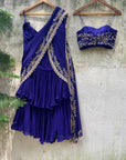 Indigo Blue Draped Ruffle Saree - blue saree Sydney