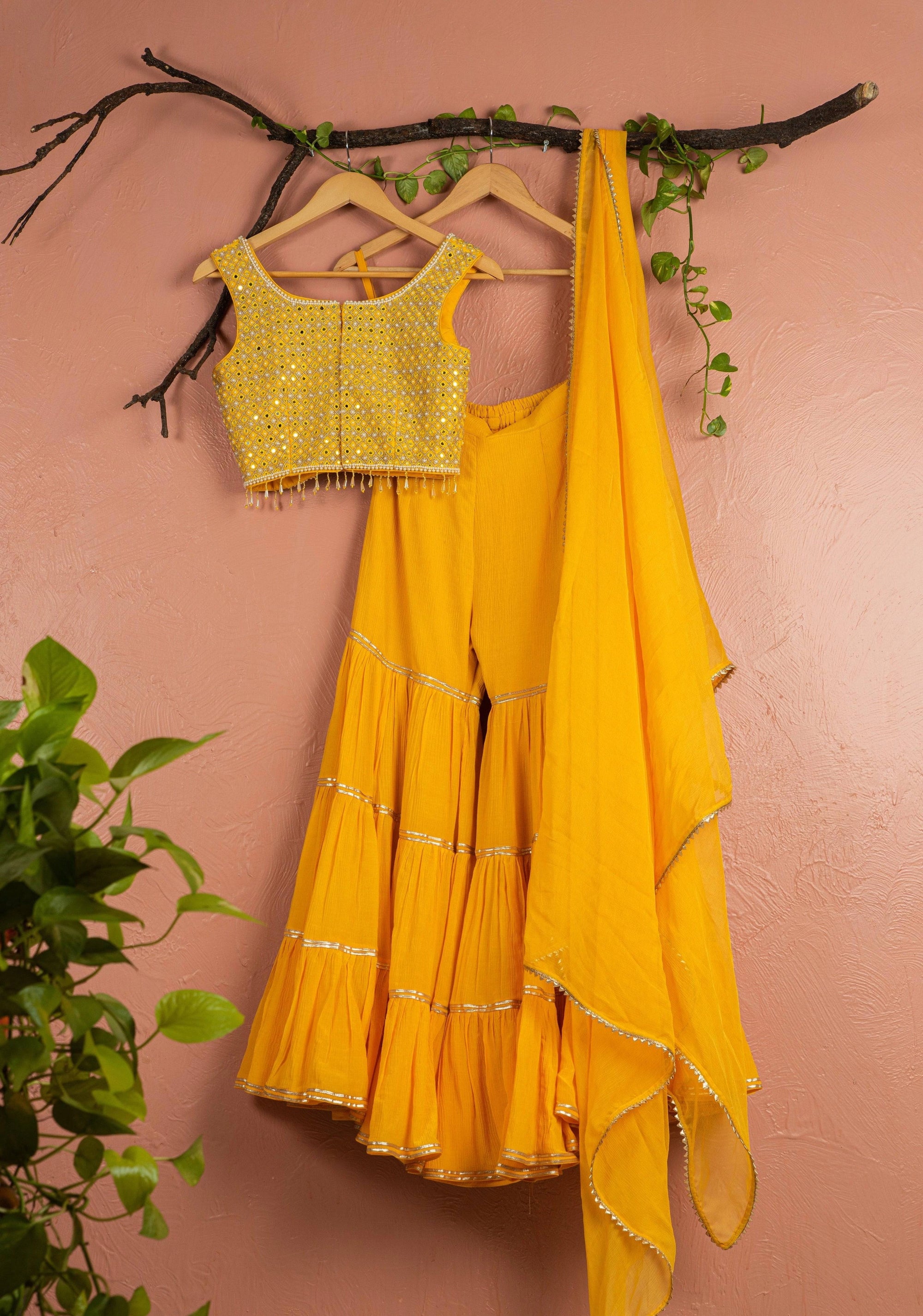 Mango Yellow Sharara with Mirrorwork Blouse & Dupatta - yellow sharara set New Zealand