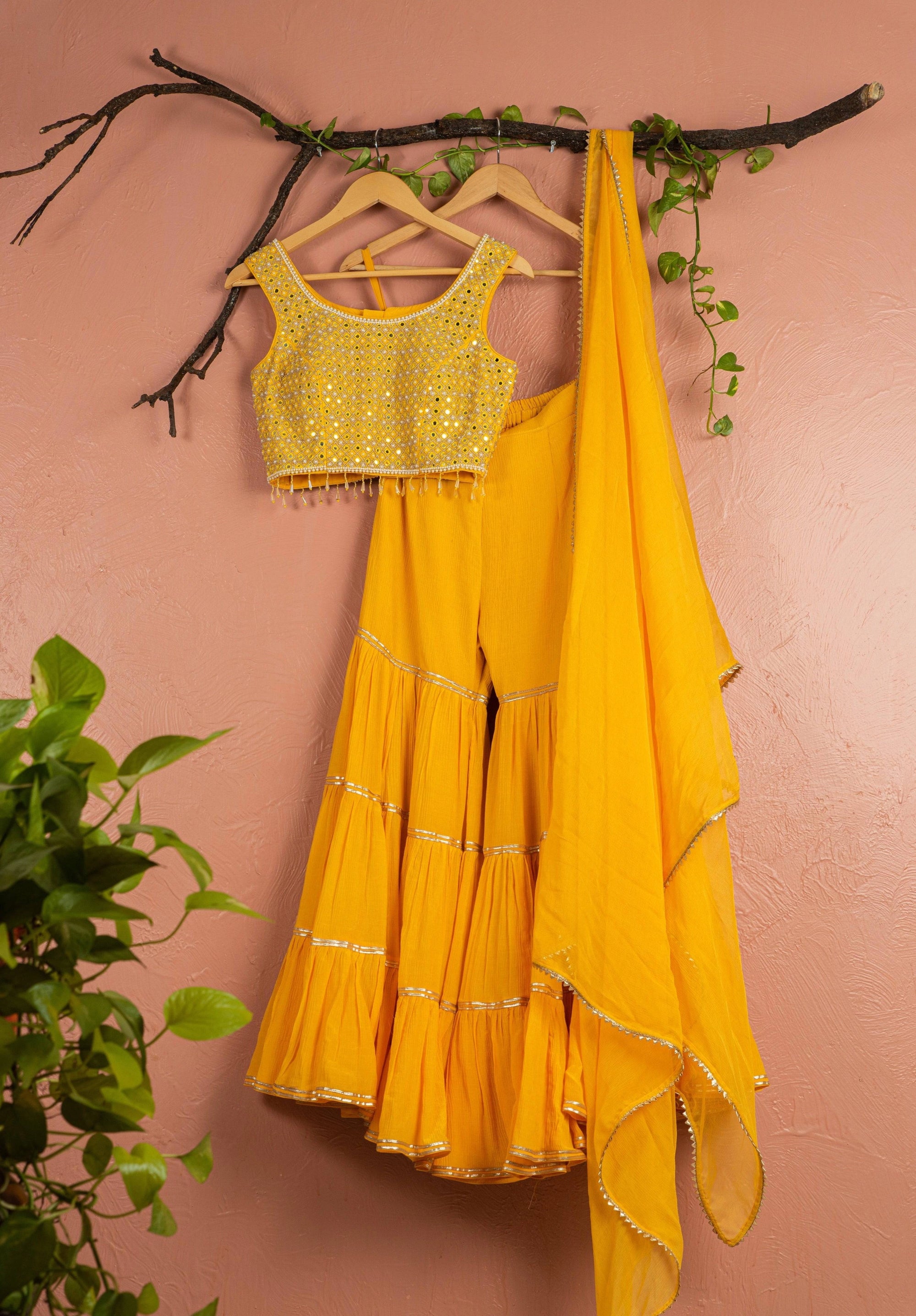 Mango Yellow Sharara with Mirrorwork Blouse & Dupatta - yellow sharara set New Zealand