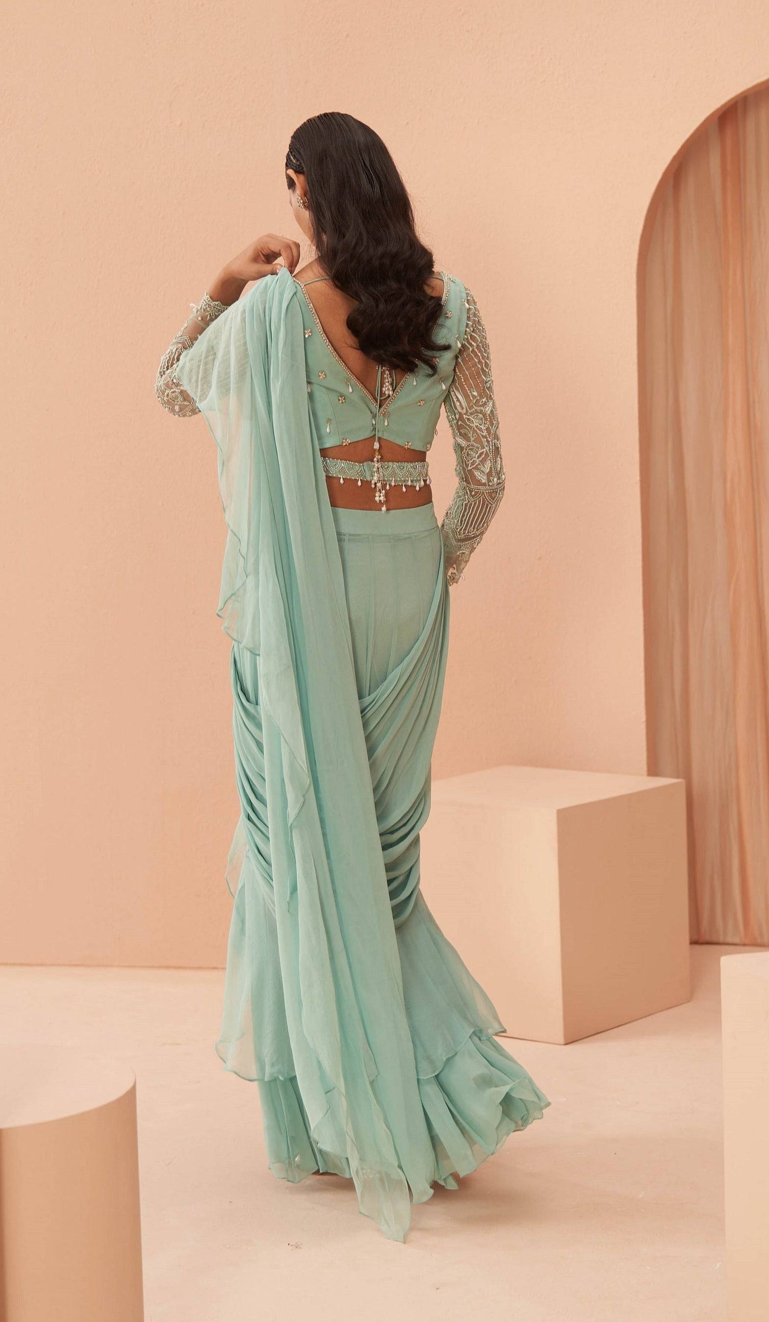 Mist Ruffle Saree Set - mint saree Sydney