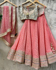 Coral and Beige Mirror Work Lehenga Set - peach lehenga USA