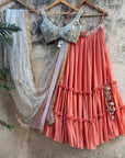 Peach and Ivory Ruffle Lehenga Set - peach lehenga USA