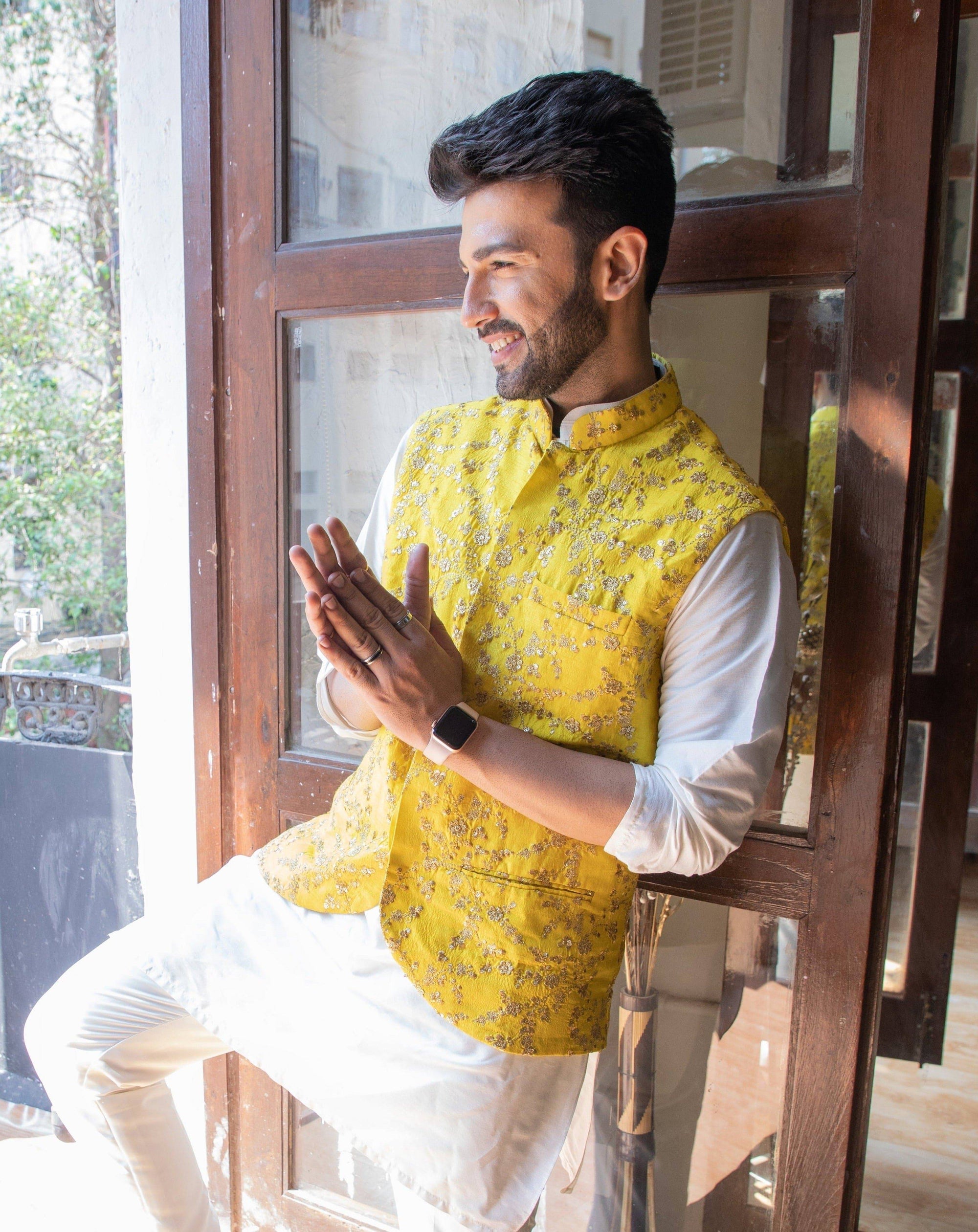 Ivory Kurta and Pant set with Yellow Vest - indian wear for men Australia