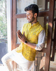 Ivory Kurta and Pant set with Yellow Vest - indian wear for men Australia