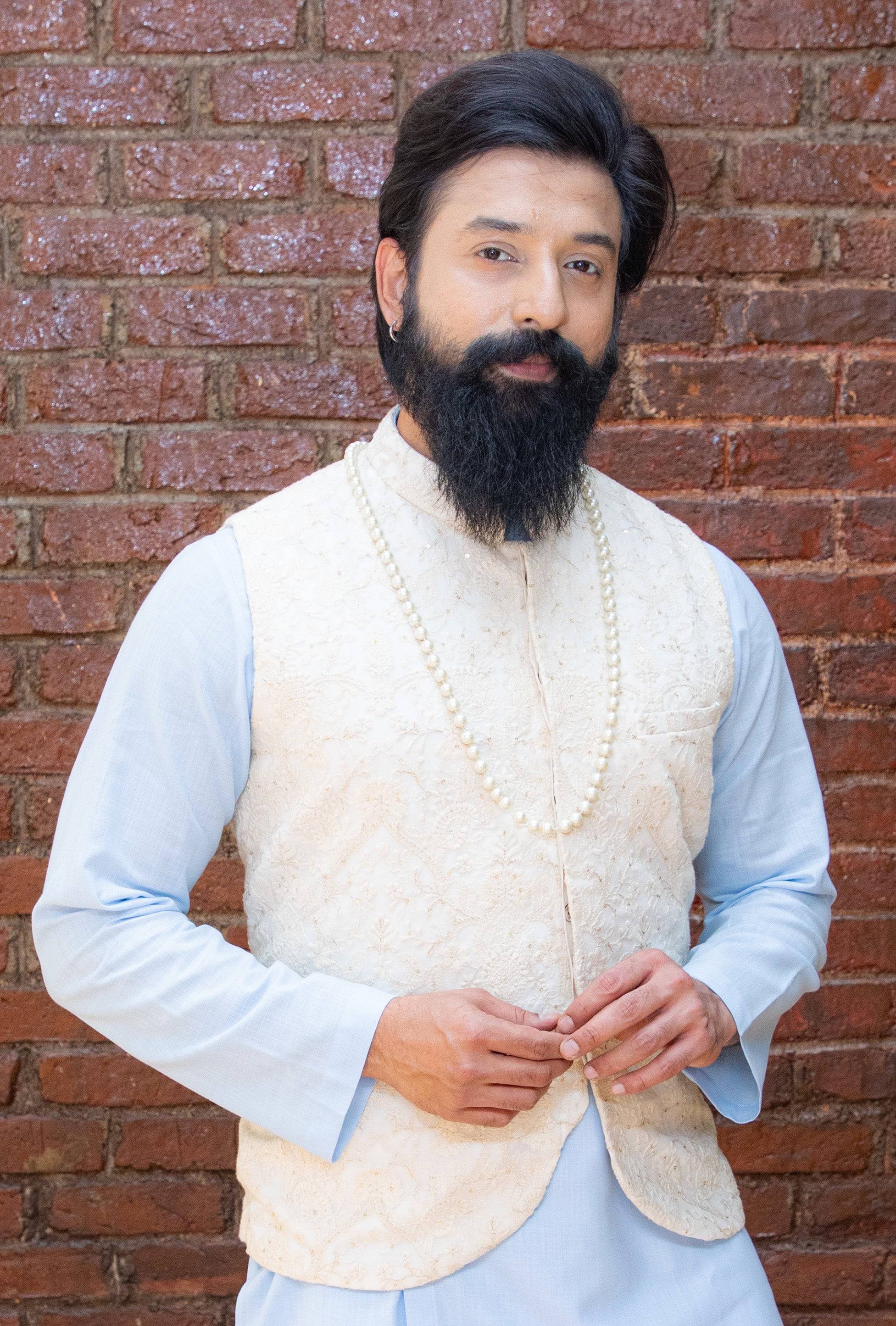 Sky Blue Kurta and Pant set with Yellow Vest - indian attire Canada