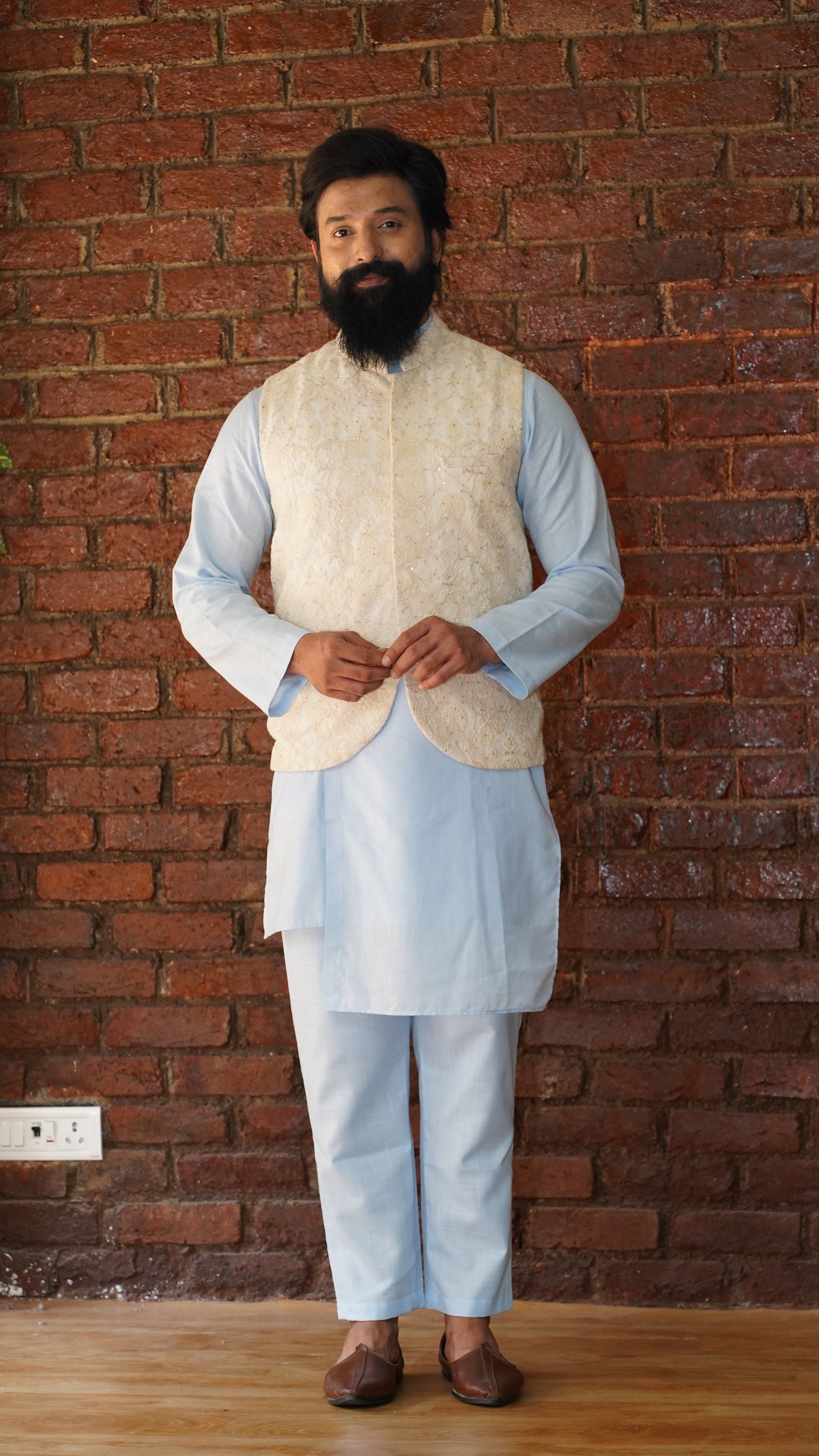 Sky Blue Kurta and Pant set with Yellow Vest - indian attire Canada