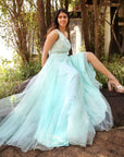 Mint Green One Shoulder Blouse with Pearl Embroidery & Tulle Skirt - indian fashion New Zealand