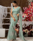 Mint Green with Pink Applique Organza Saree Set - saree Canada