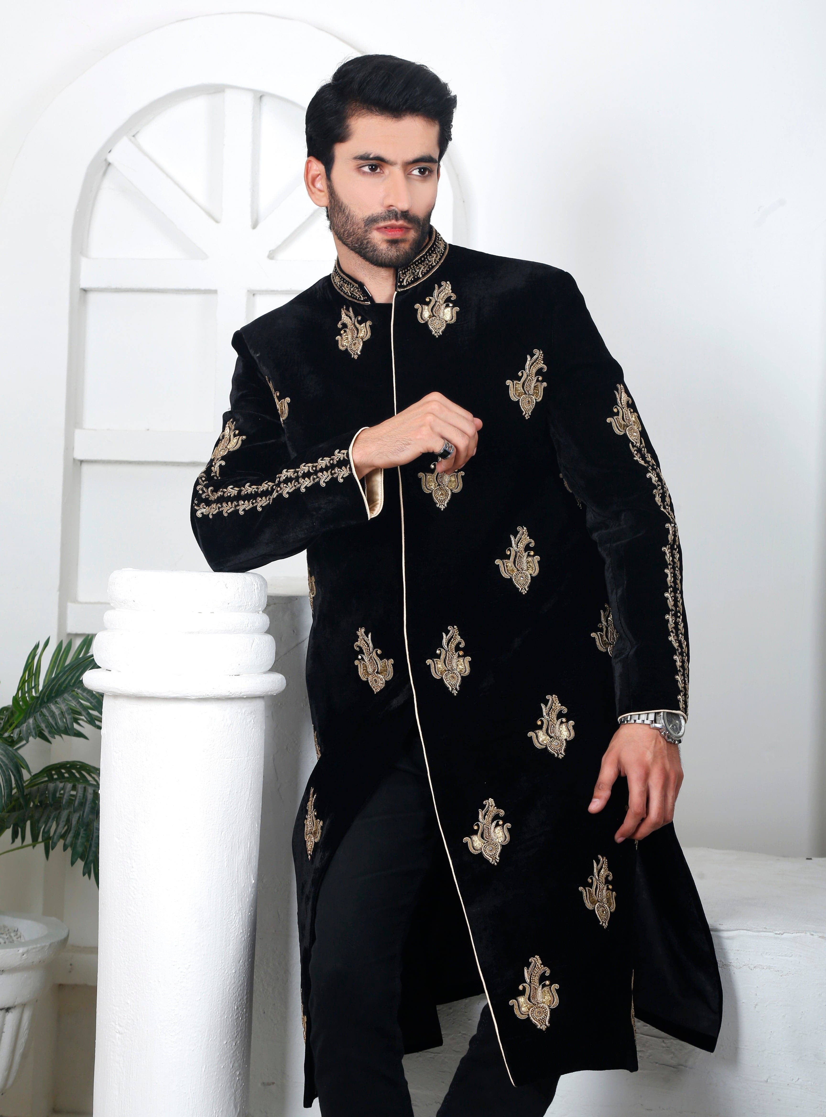 Black Velvet Sherwani with Hand-worked Motif – WaliaJones