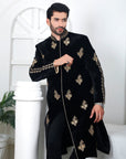 Black Velvet Sherwani with Hand-worked Motif - black velvet sherwani Australia
