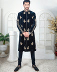 Black Velvet Sherwani with Hand-worked Motif - black velvet sherwani Australia