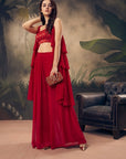 Red Georgette Box Pleat Palazzo Set - indian red dresses