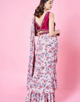 Beige & Cherry Red Pre Draped Ruffled Saree - ruffle saree Canada