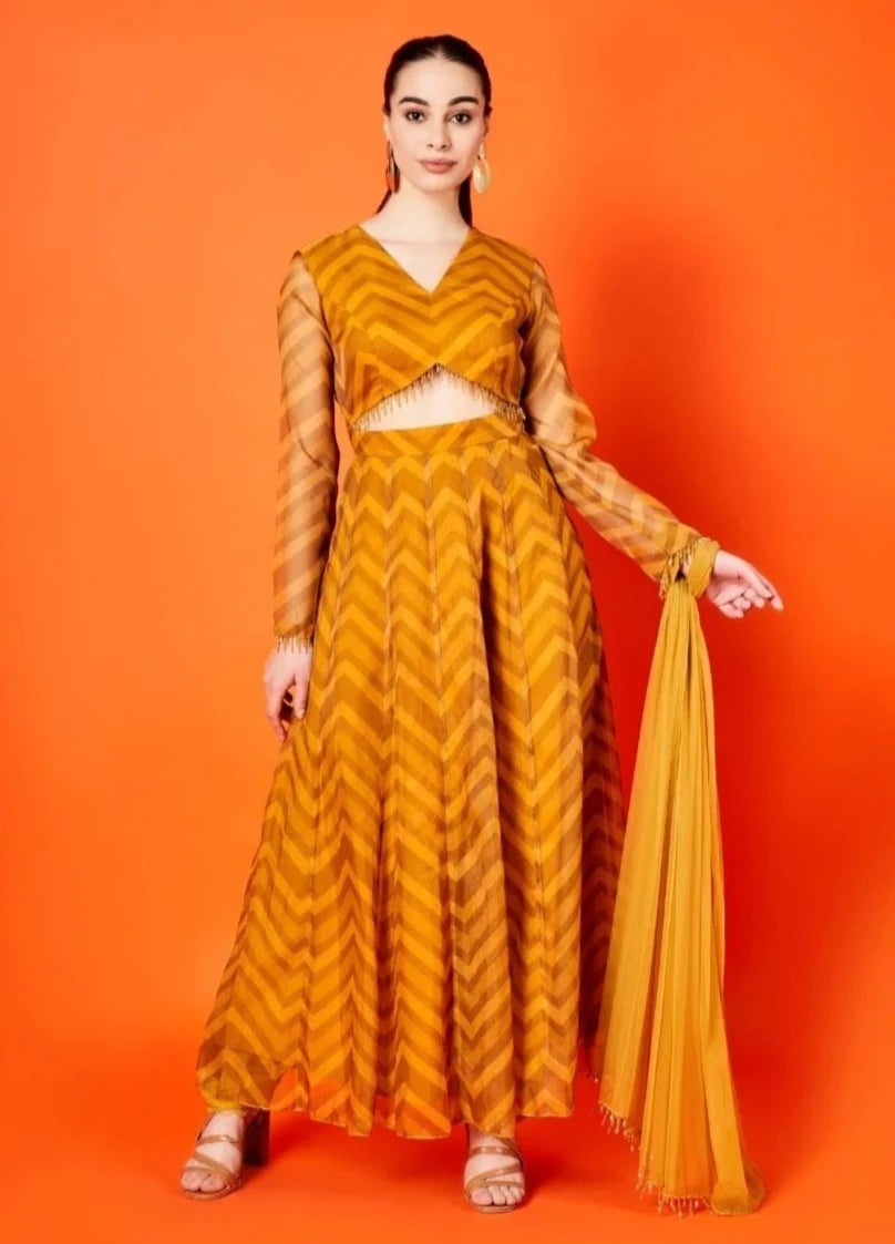 Mustard Chevron Anarkali - anarkali USA