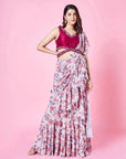 Beige & Cherry Red Pre Draped Ruffled Saree - ruffle saree Canada