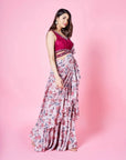Beige & Cherry Red Pre Draped Ruffled Saree - ruffle saree Canada