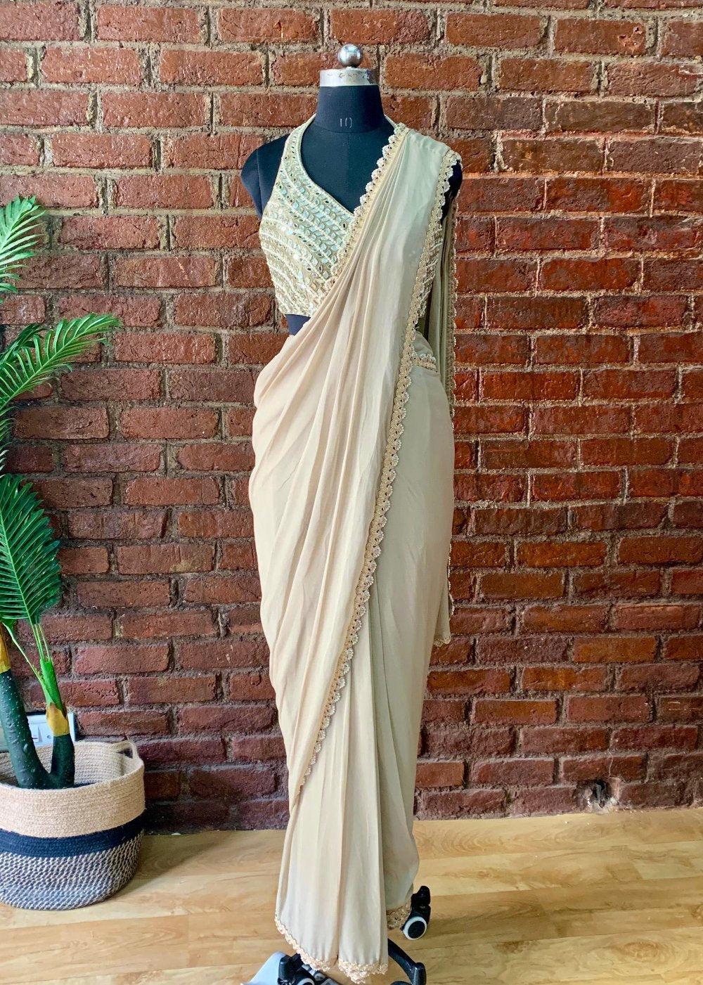 Beige Pre-Stitched Saree with Mirror Blouse
