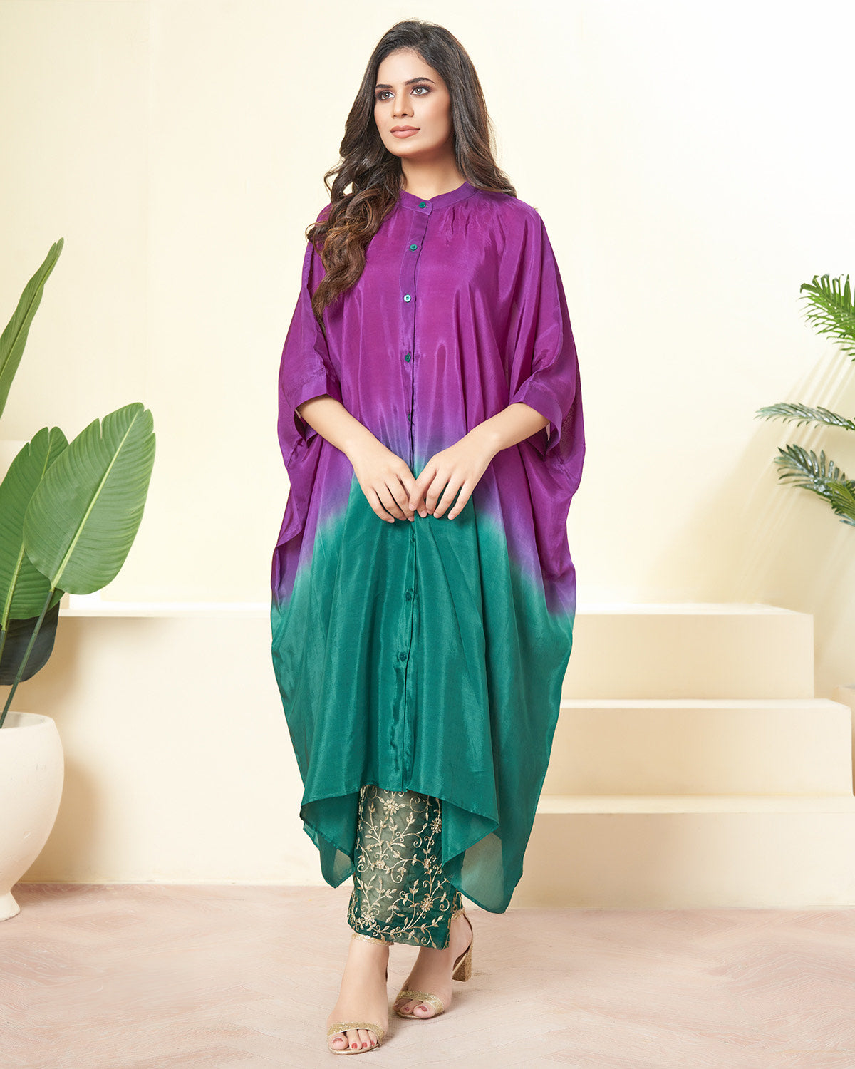 Shaded Dark Purple and Emerald Green Sleeve Kaftan Set - indian trendy dresses