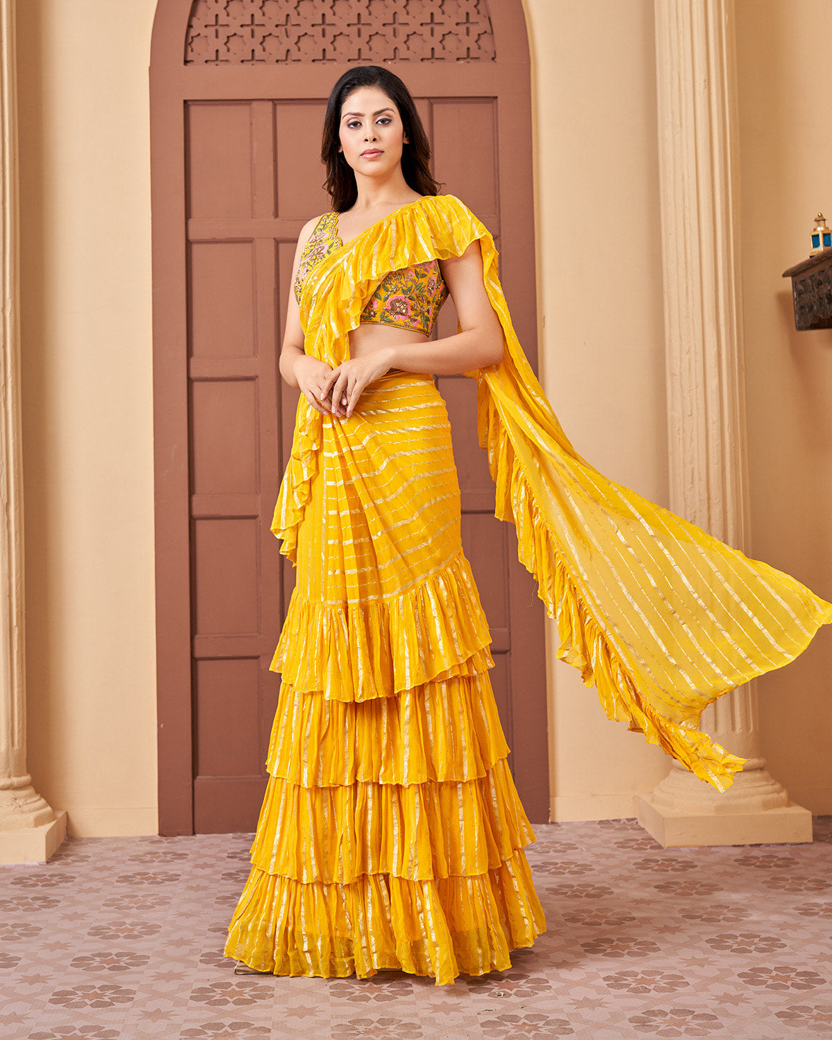 Yellow Georgette Four Layer Frill Saree and Blouse - indian saree dress