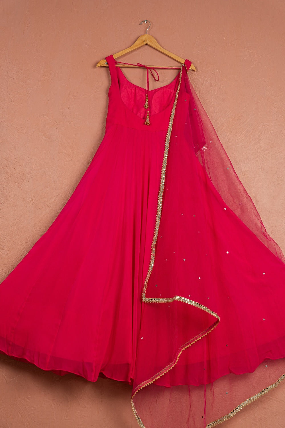 Rasberry Pink Anarkali with Scallop Gota & Mirrorwork Dupatta - indian ethnic outfits