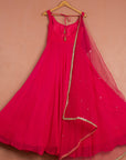 Rasberry Pink Anarkali with Scallop Gota & Mirrorwork Dupatta - indian ethnic outfits