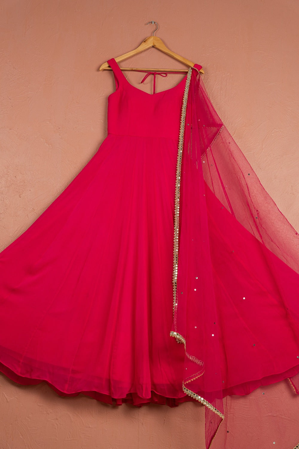 Rasberry Pink Anarkali with Scallop Gota & Mirrorwork Dupatta - indian ethnic outfits