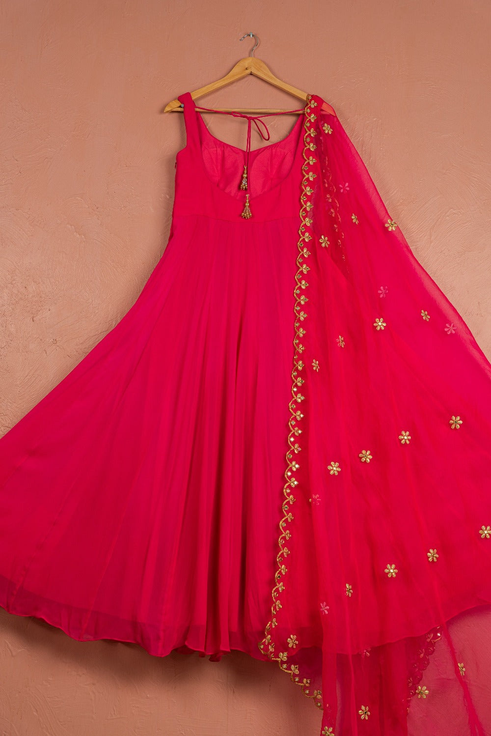 Rasberry Pink Anarkali with Scallop Gota & Mirrorwork Dupatta - indian ethnic outfits
