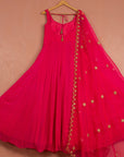 Rasberry Pink Anarkali with Scallop Gota & Mirrorwork Dupatta - indian ethnic outfits