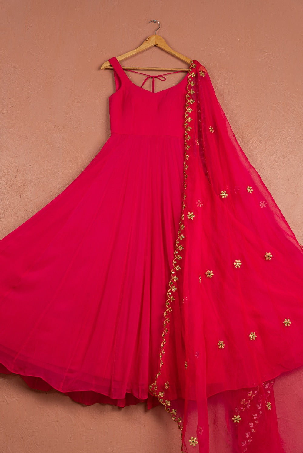 Rasberry Pink Anarkali with Scallop Gota & Mirrorwork Dupatta - indian ethnic outfits