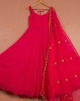 Rasberry Pink Anarkali with Scallop Gota & Mirrorwork Dupatta - indian ethnic outfits