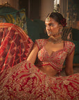 Red Alluring Heavily Embroidered Lehenga - indian wedding lehenga USA