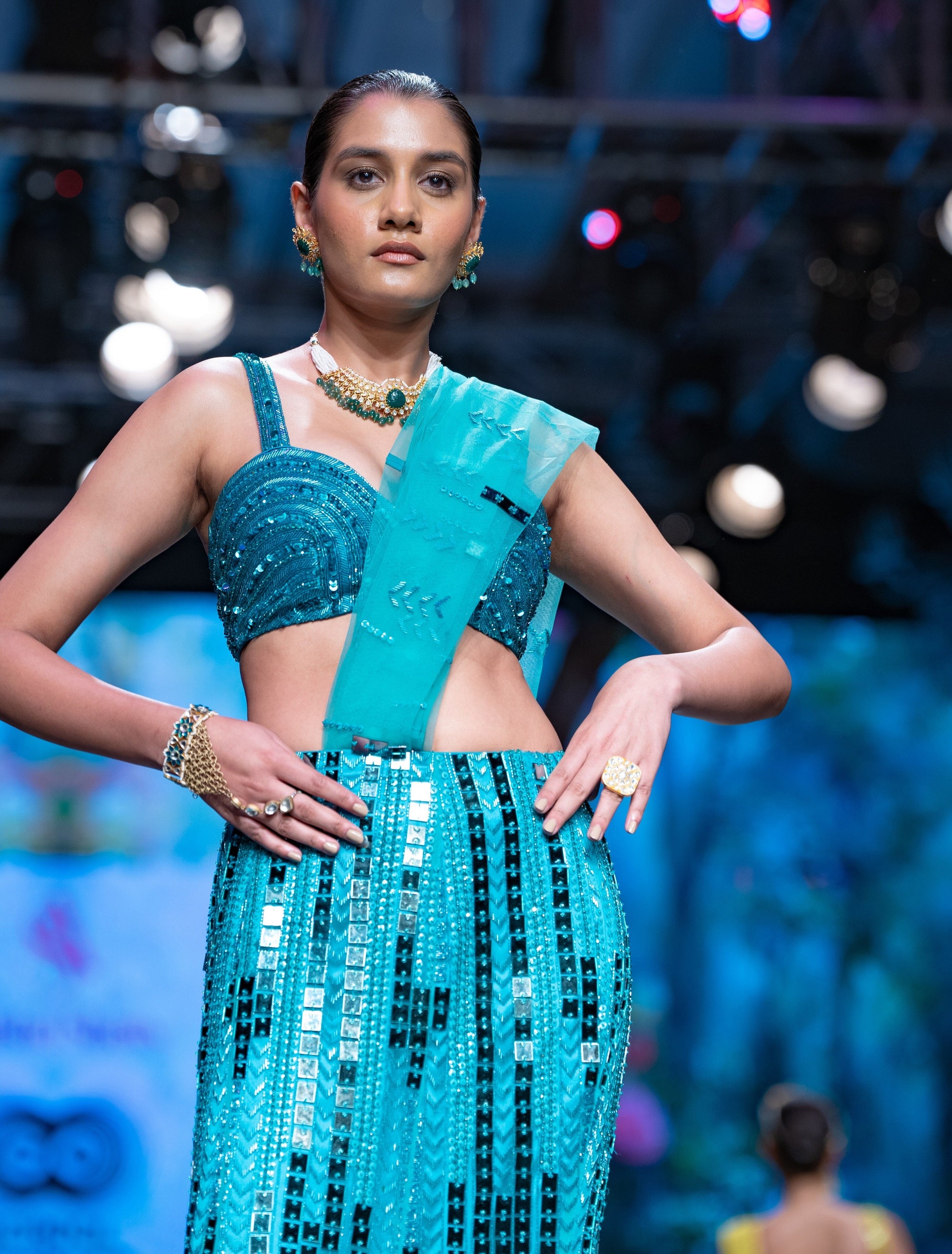 Dawn Pre-stitched Saree in Teal Blue - blue dress New Zealand
