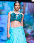 Dawn Lehenga and Metallic Feather Sequence Crop Top Set in Teal Blue - blue dress Australia