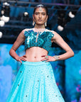 Dawn Lehenga and Metallic Feather Sequence Crop Top Set in Teal Blue - blue dress Australia