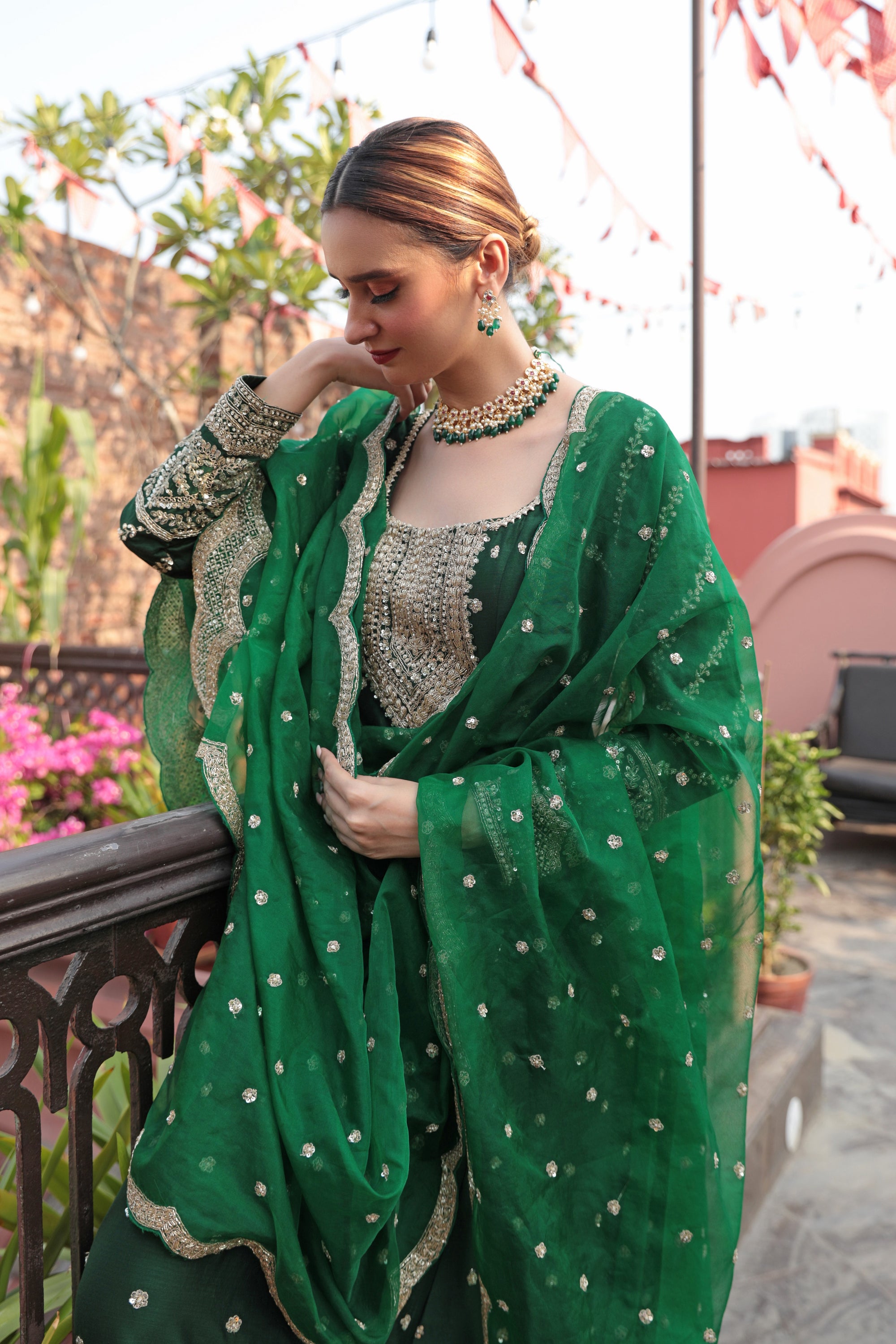 Bottle Green Heavily Embroidered Suit - green dress New Zealand
