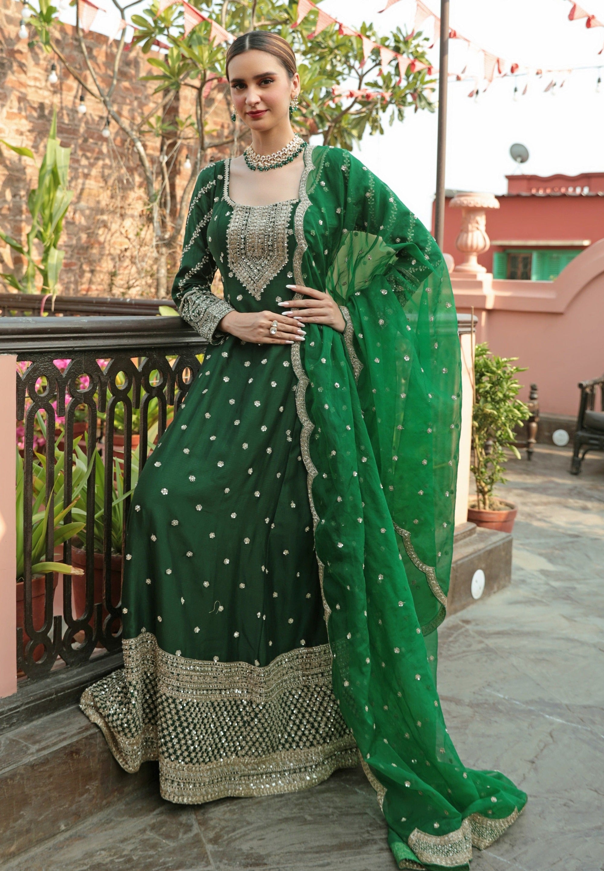Bottle Green Heavily Embroidered Suit - green dress New Zealand