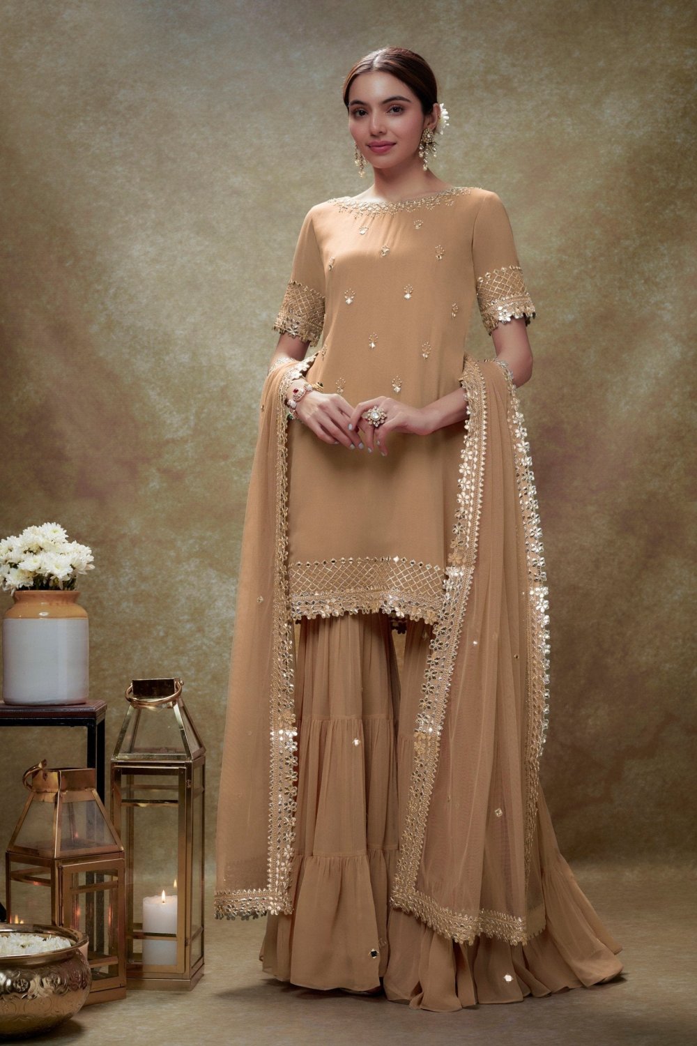 Fawn Mirror Work Gota  Kurta Sharara Set