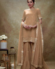 Fawn Mirror Work Gota  Kurta Sharara Set