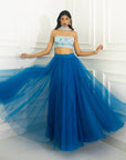 Azure Blue Multi Sequins Blouse with Tulle Skirt and Ombre Dupatta