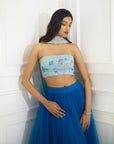 Azure Blue Multi Sequins Blouse with Tulle Skirt and Ombre Dupatta