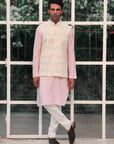 Baby Pink Kurta with White Multi Sequins Bundi and Pants