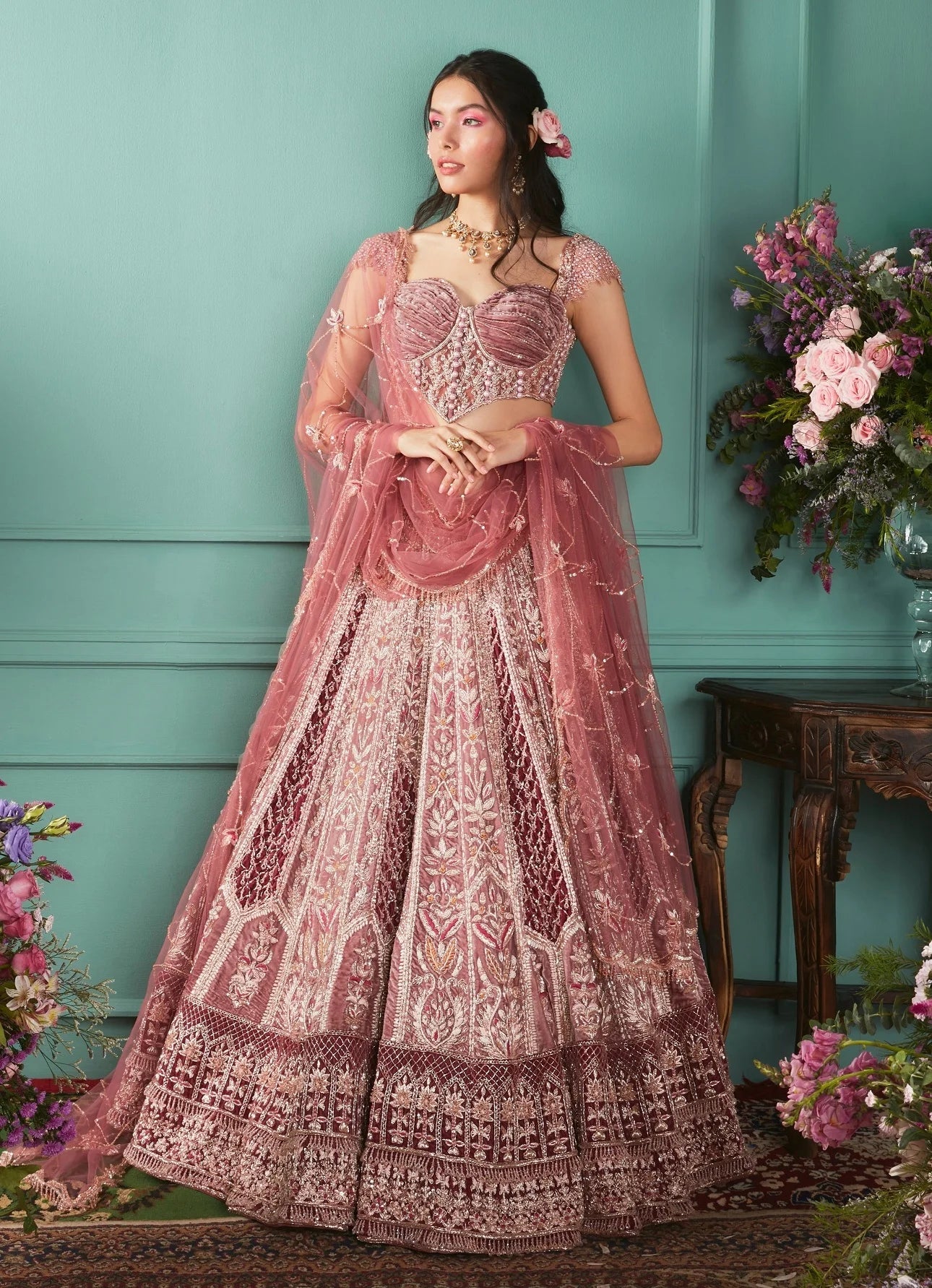 Rust-Rose Lehenga with French Chateau Elements - lehenga choli USA