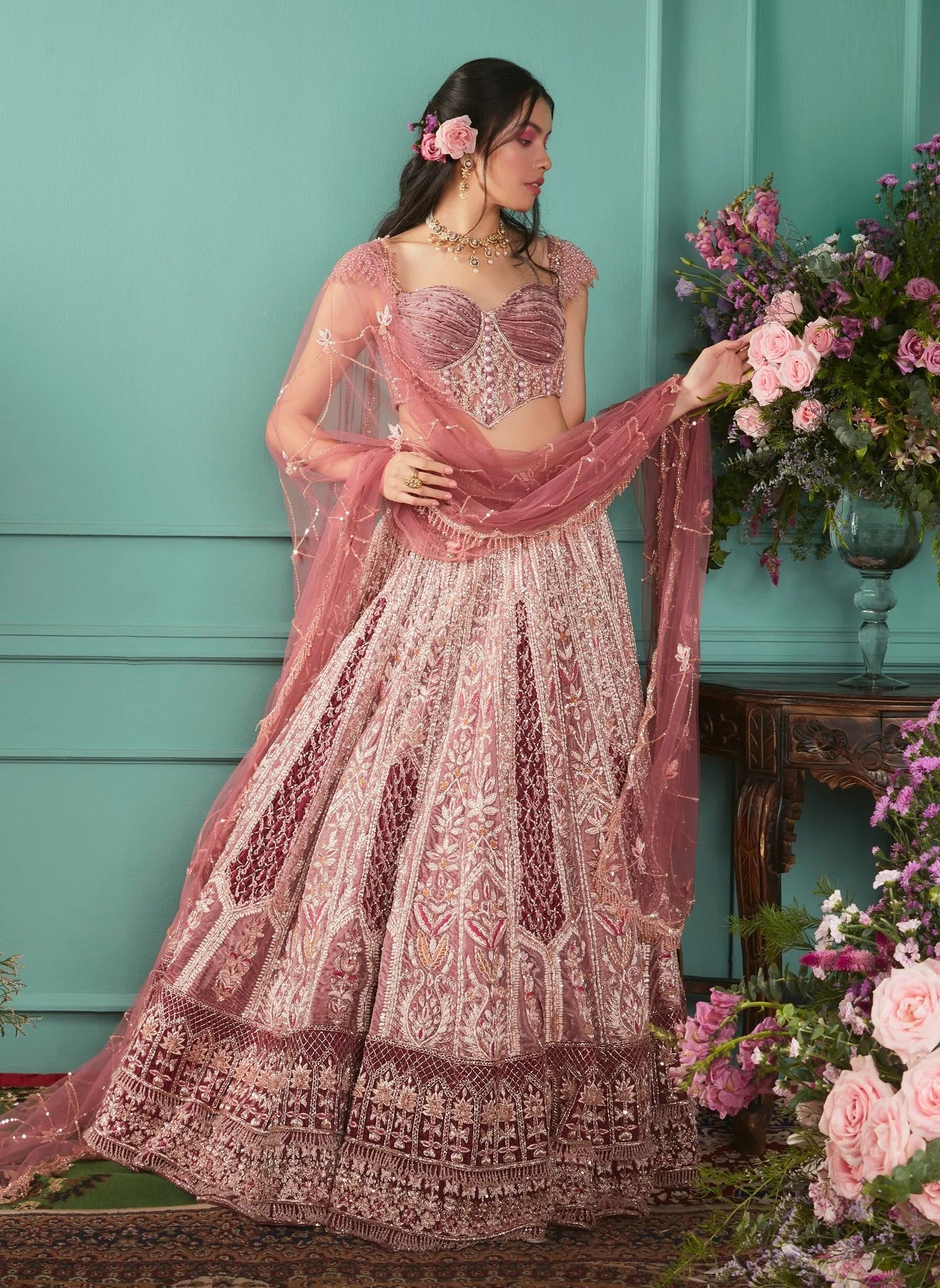 Rust-Rose Lehenga with French Chateau Elements - lehenga choli USA