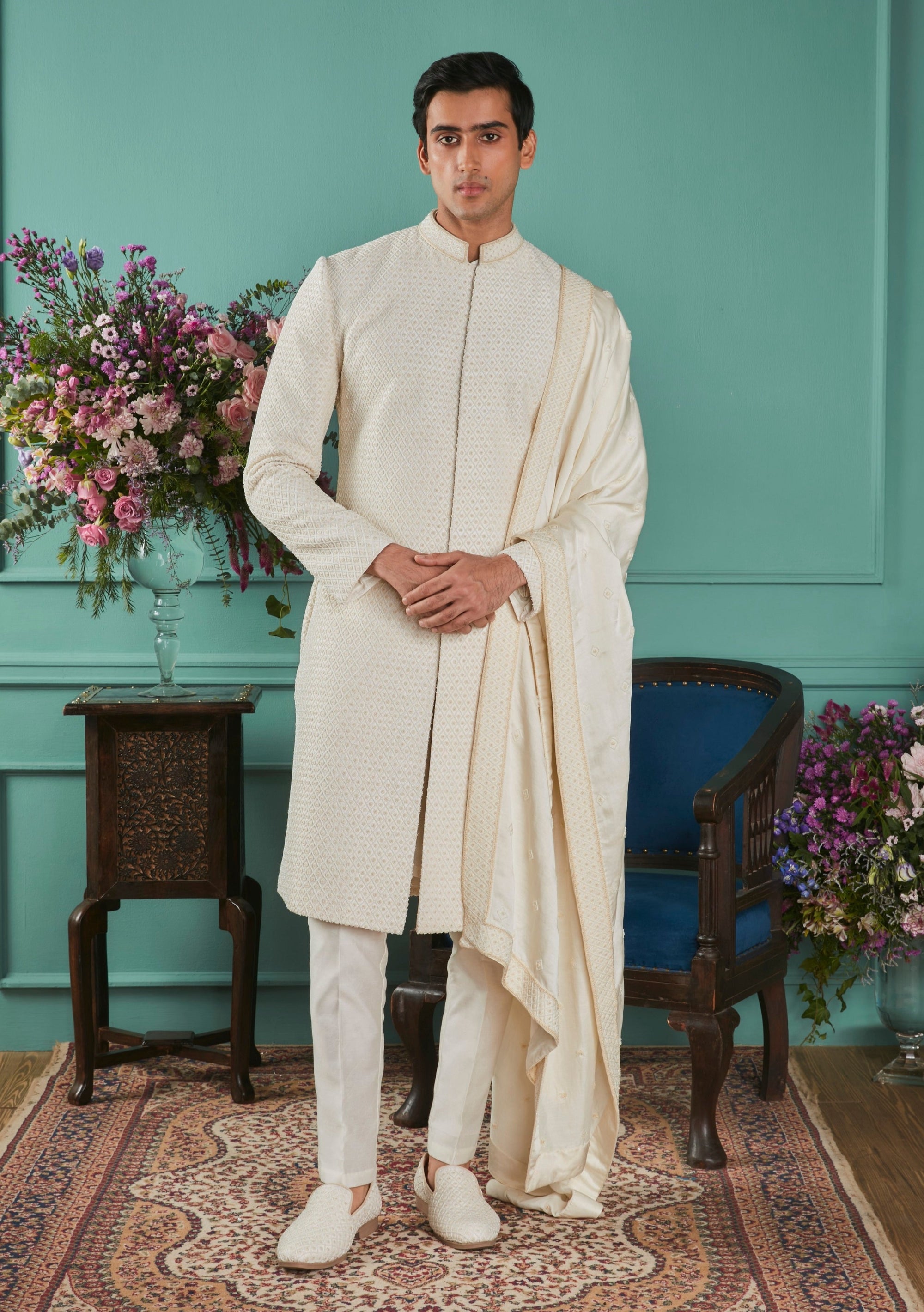 Winter White Sherwani Set - sherwani set Sydney