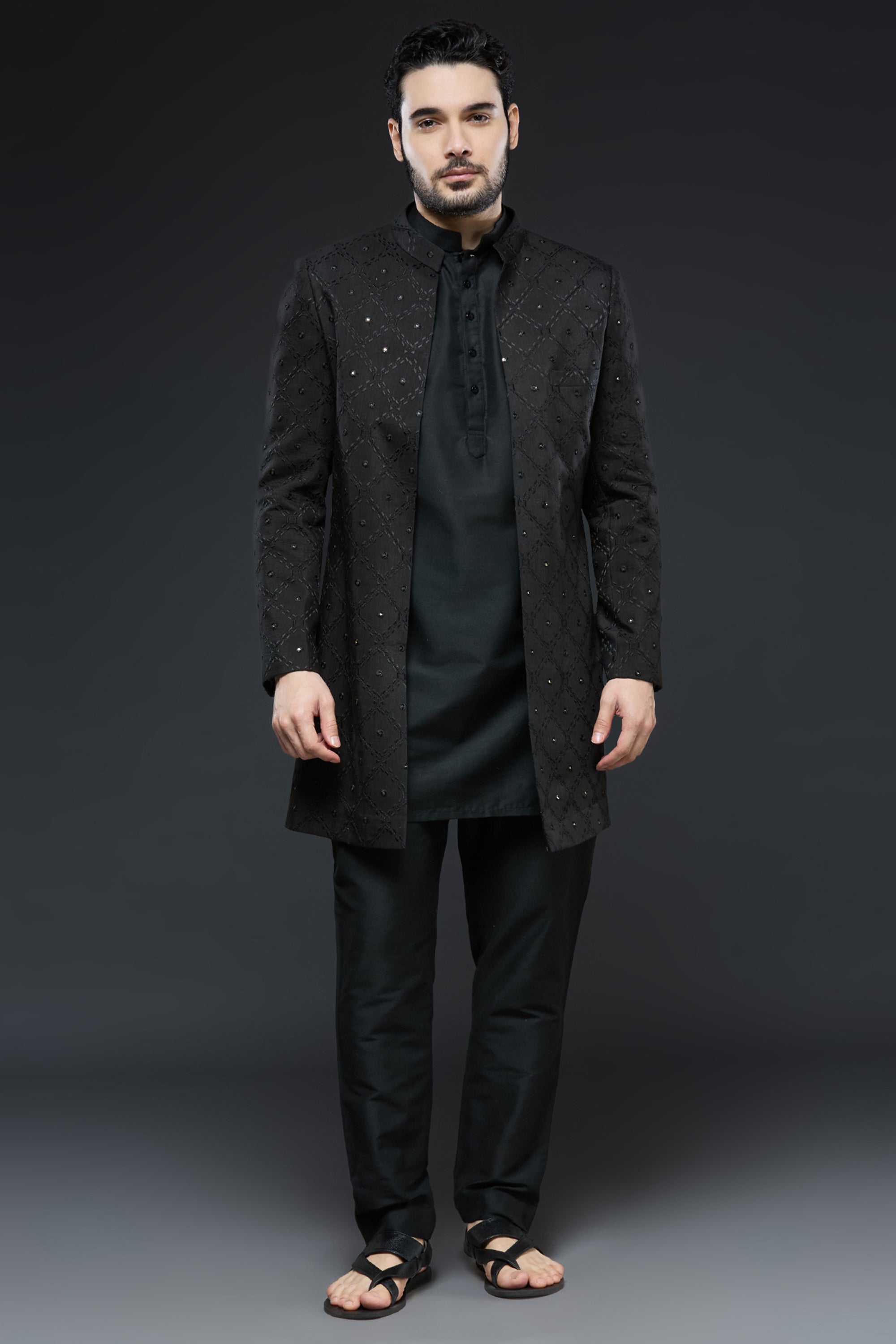 Black Art Mirror and Thread work Sherwani - Groom sherwani
