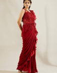 Brill Crimson Frill Saree - red saree Australia