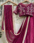 Burgundy Raw Silk Lehenga Set with Mirror and Thread Work - burgundy lehenga Canada