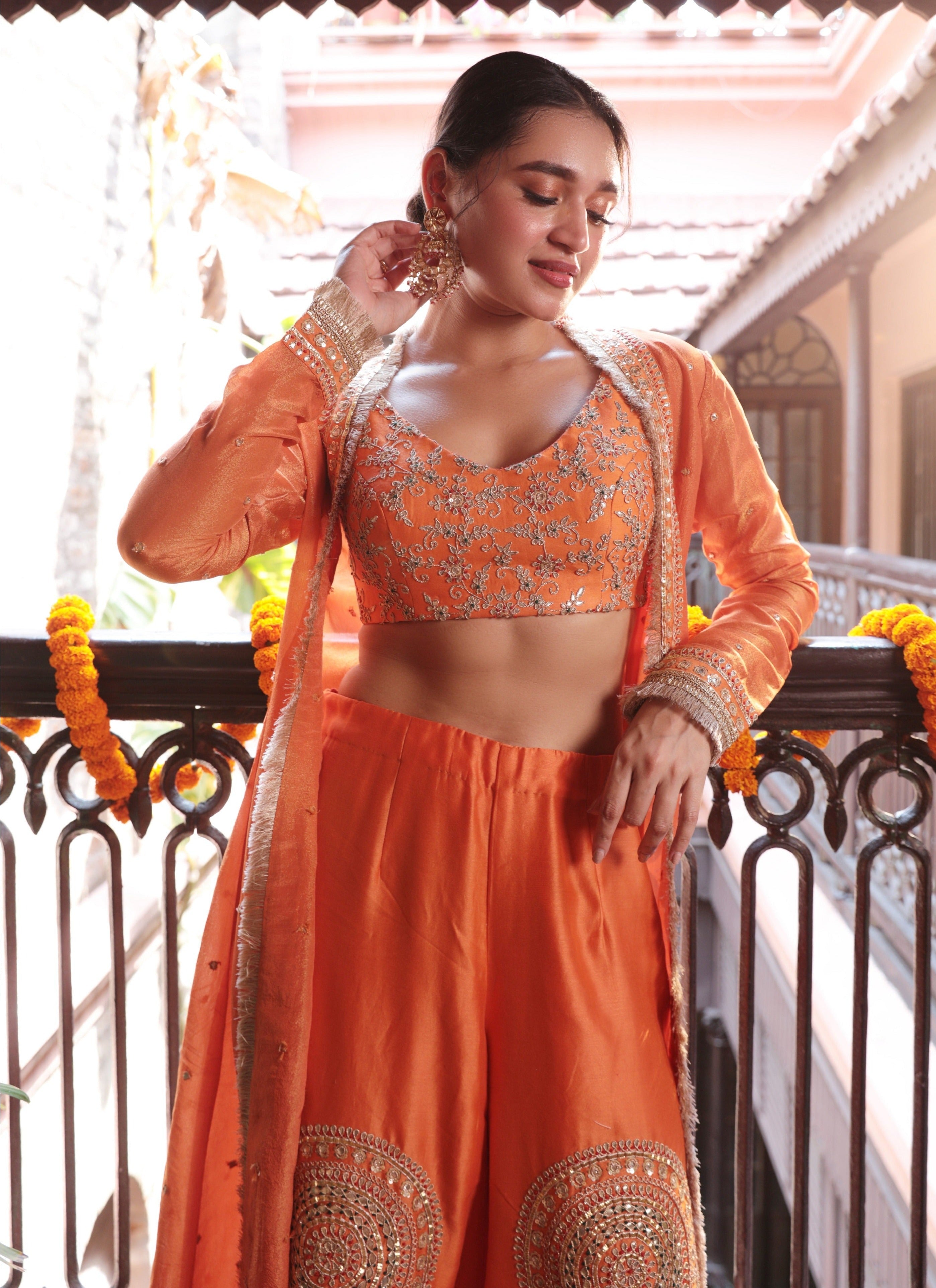 Sharara Top Jacket Black Embroidered Silk Jacket, Crop Top And