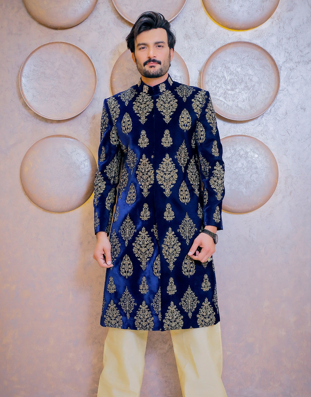 Velvet Sherwani with Intricated Motif Work