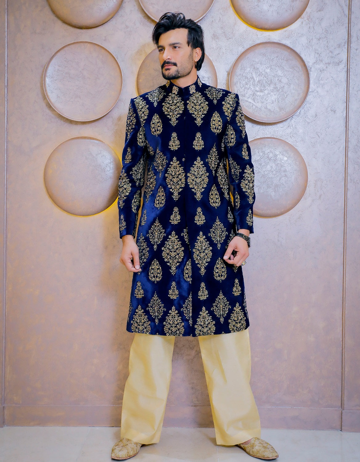Velvet Sherwani with Intricated Motif Work